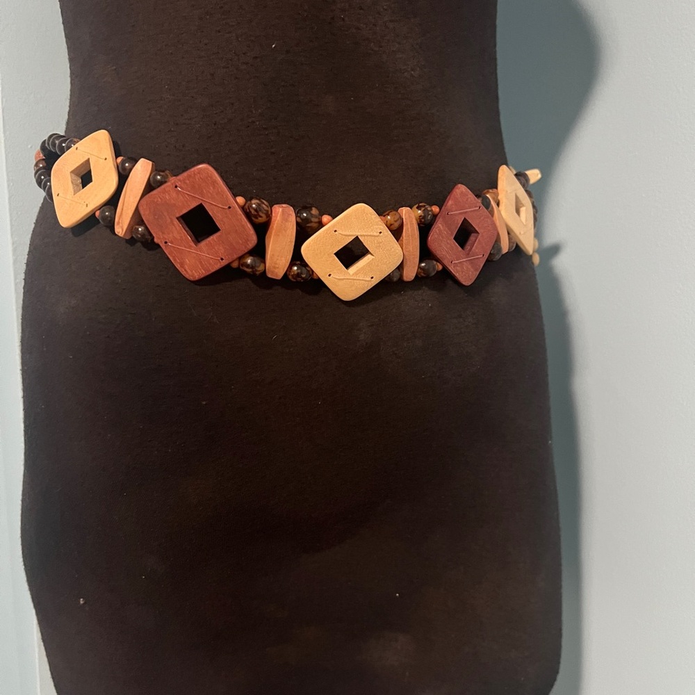 Vintage Wooden Geometric Beaded Boho Belt, Size Small